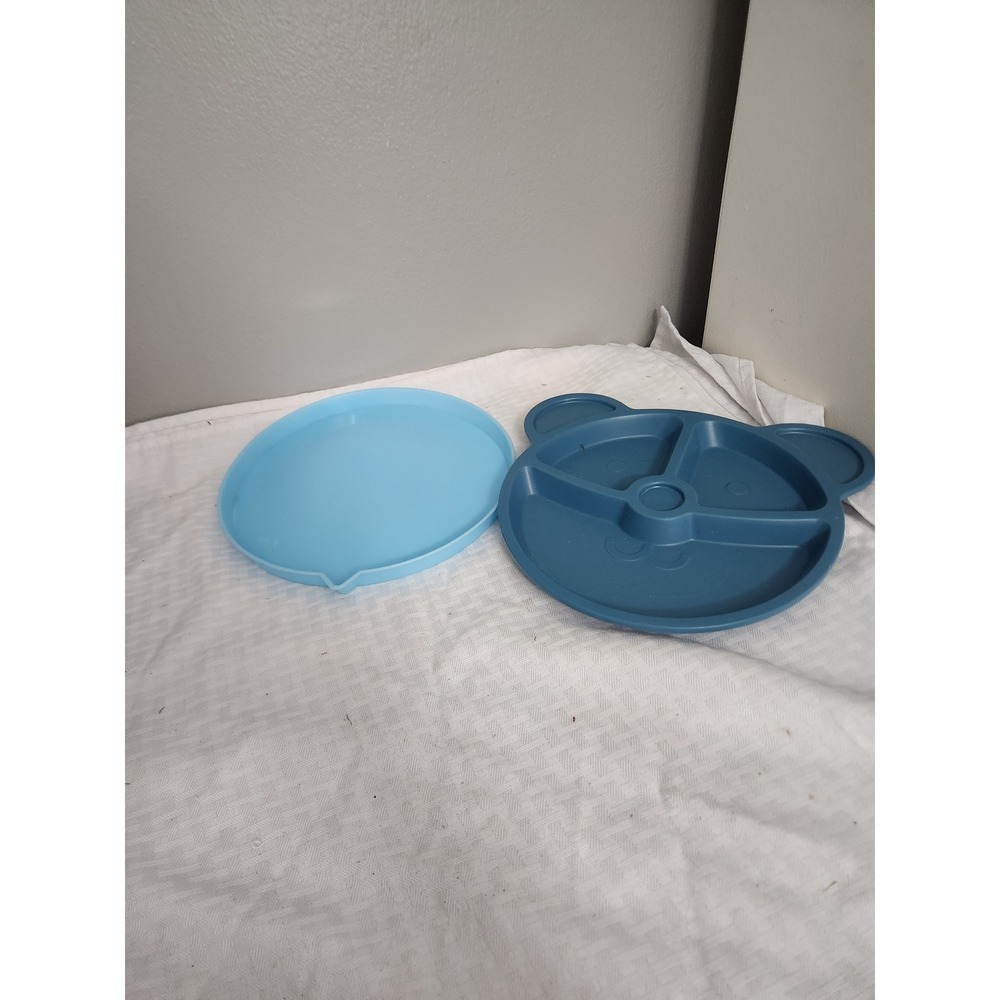 Blue Bear Shaped Divided Toddler Plate with Lid Plastic Mealtime Set